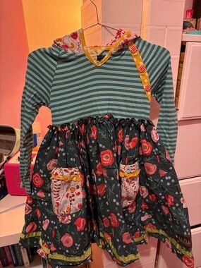 Matilda Jane Teal and Mustard Striped Hooded Dress with Floral Trim